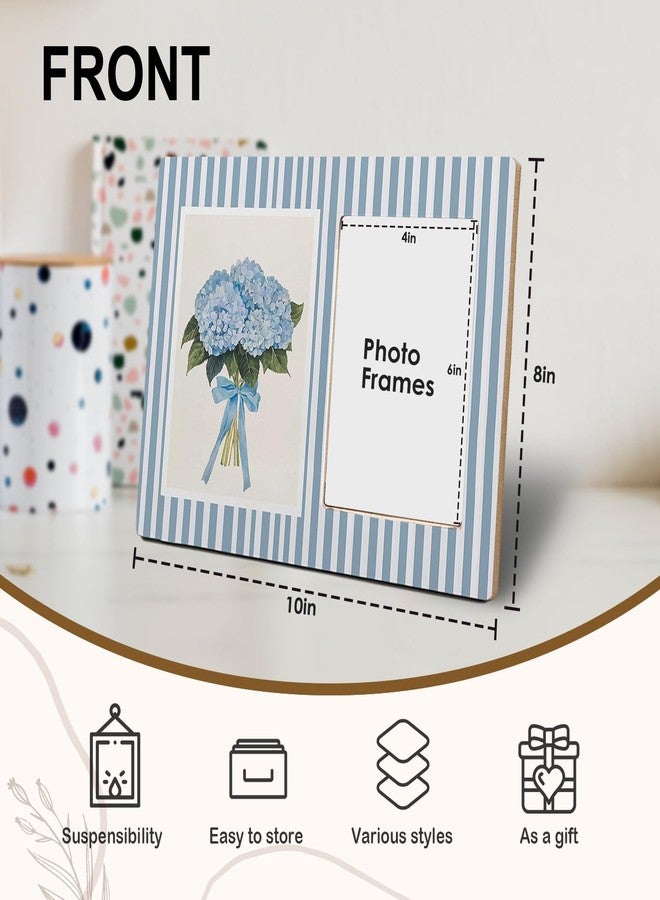 SNNDER Blue Hydrangea Floral Picture Frame 4x6, Cottagecore Flower Photo Frame for Women Girls, Blue and White Striped Flower Wooden Picture Photo Frames for Desk Tabletop Wall Display Decoration - Image 2